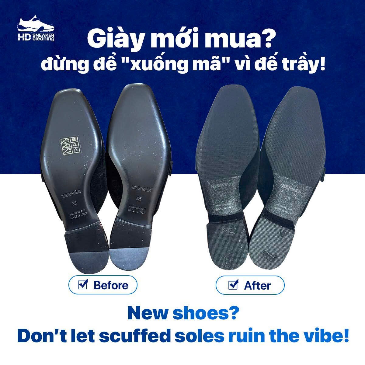 Dán cao su bảo vệ đế giày Hermès tại HD Sneaker Cleaning