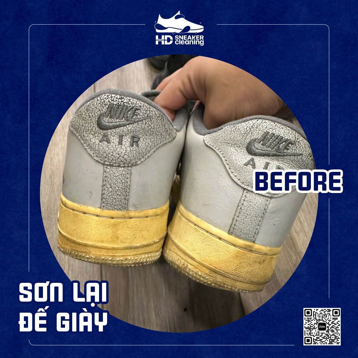 Sơn lại đế giày Nike Air Force 1 gót - trước (before) tại HD Sneaker Cleaning