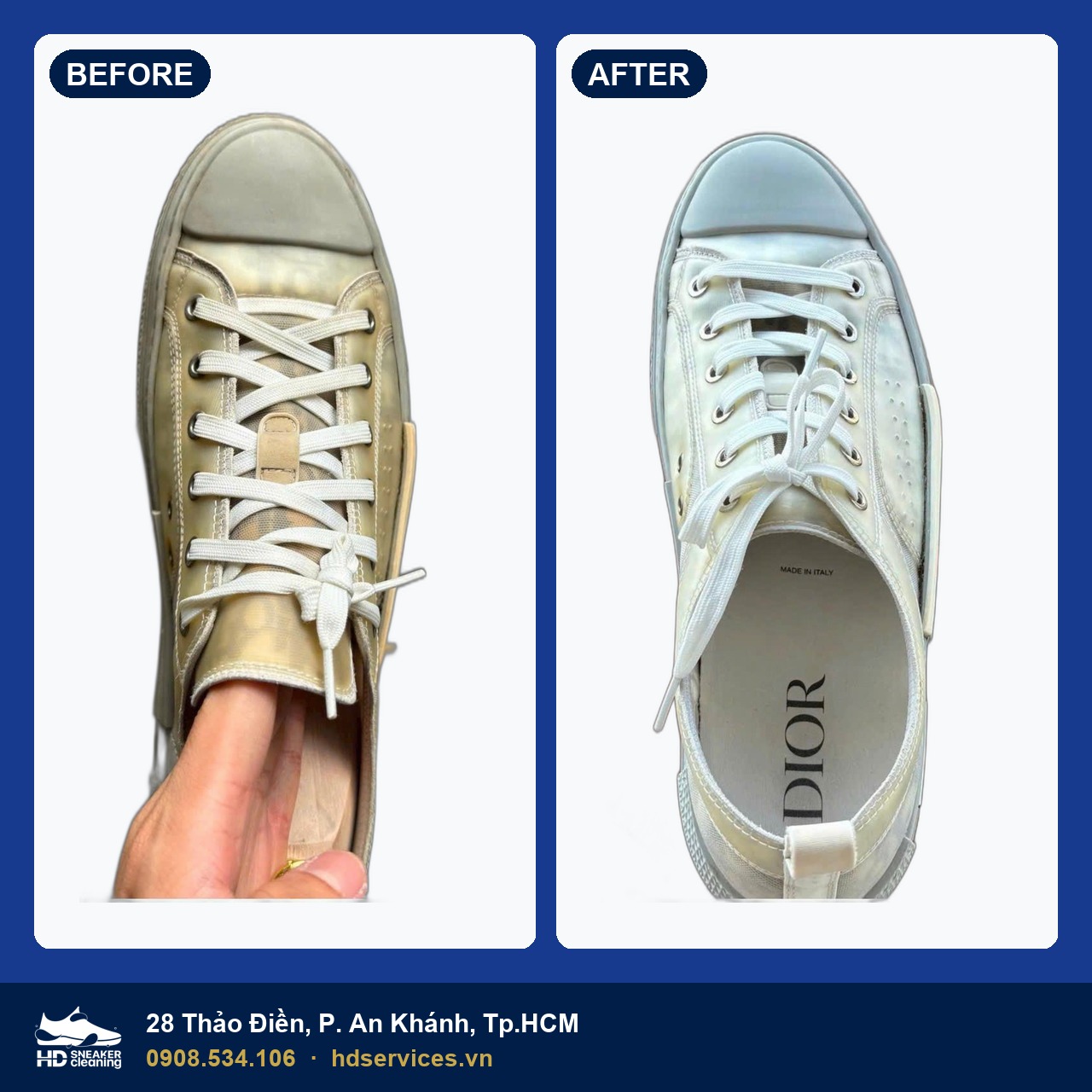 Vệ sinh giày Dior B23 trước sau tại HD Sneaker Cleaning